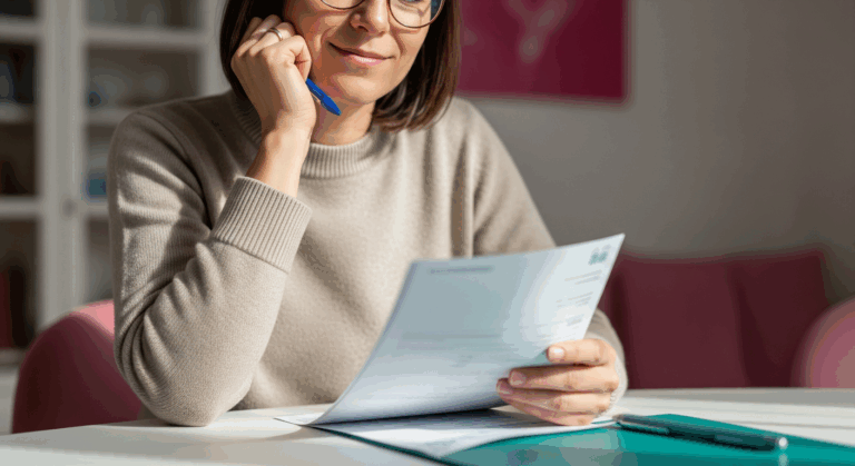 Person calmly reviewing financial documents representing hypnosis for spending habits