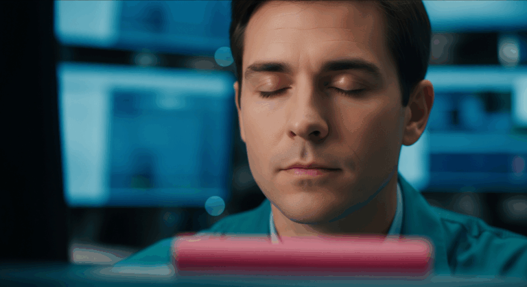 Trader maintaining calm focus in front of screens representing hypnosis for traders