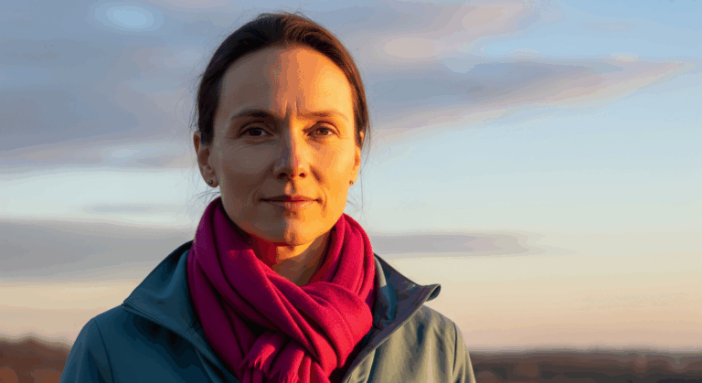 Woman standing outdoors with a calm, steady expression representing hypnotherapy for adversity