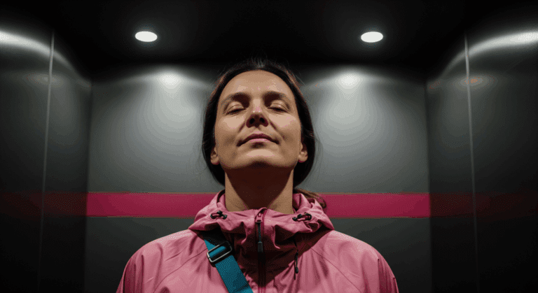 Woman remaining calm in an elevator representing hypnotherapy for confined spaces