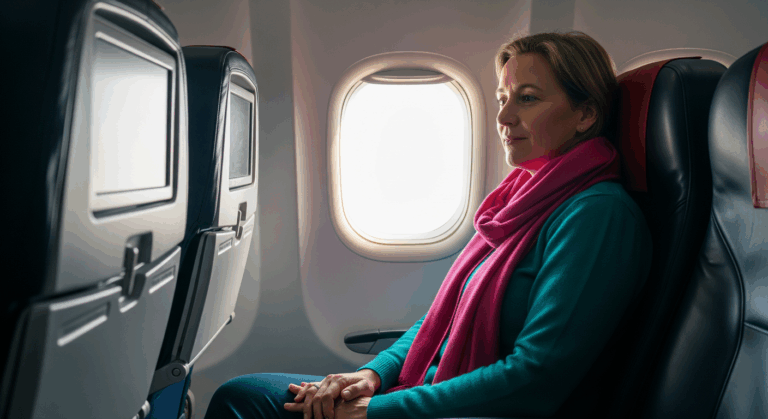 Calm woman seated on an airplane representing hypnotherapy for fear of flying alone