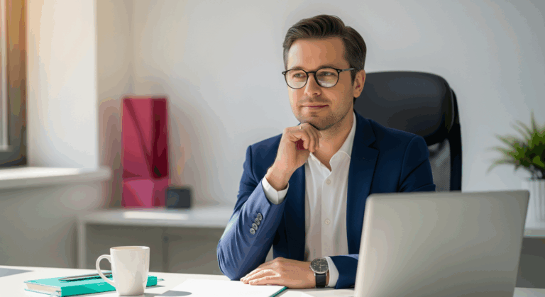 Calm professional seated at a desk representing hypnotherapy for job uncertainty
