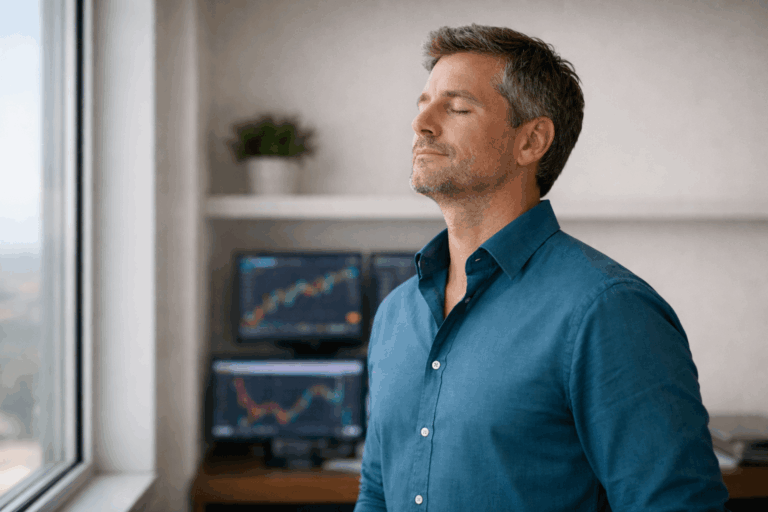 Trader standing calmly near desk, representing hypnosis support for easing market pressure and survival stress.