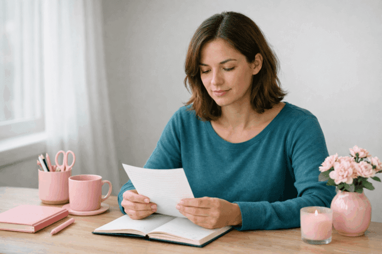Woman reading journal at desk, representing realistic hypnosis support for moving on after betrayal.