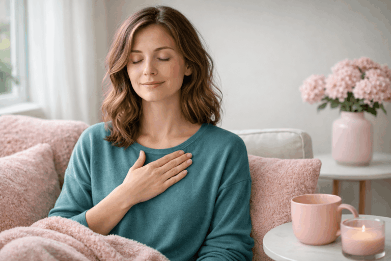 Woman practicing calm breathing at home, representing hypnotherapy for reducing repetitive thoughts after betrayal.