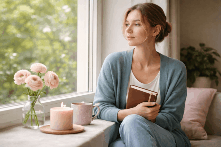 Woman holding journal by window, reflecting hypnotherapy for reframing painful relationship memories.