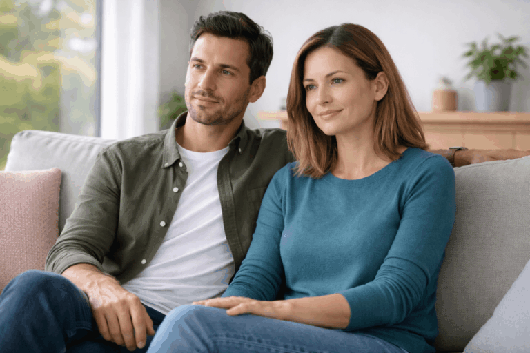 Couple sitting together on sofa, representing hypnotherapy support for relationship repair after infidelity.