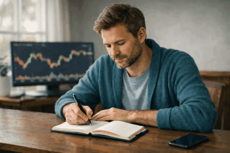 Trader journaling at desk, illustrating hypnosis support for rebuilding self-trust after trading drawdowns.
