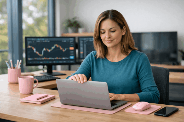 Trader working calmly at laptop, reflecting hypnosis support for moving forward after trading losses.