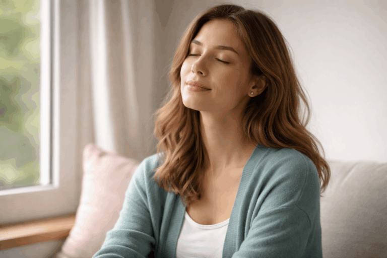 Woman relaxing near window, illustrating anxiety hypnosis for deep relaxation