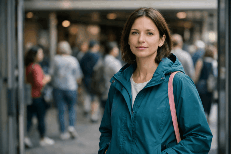 Woman in public setting illustrating enochlophobia hypnosis for reducing stress before entering crowded places