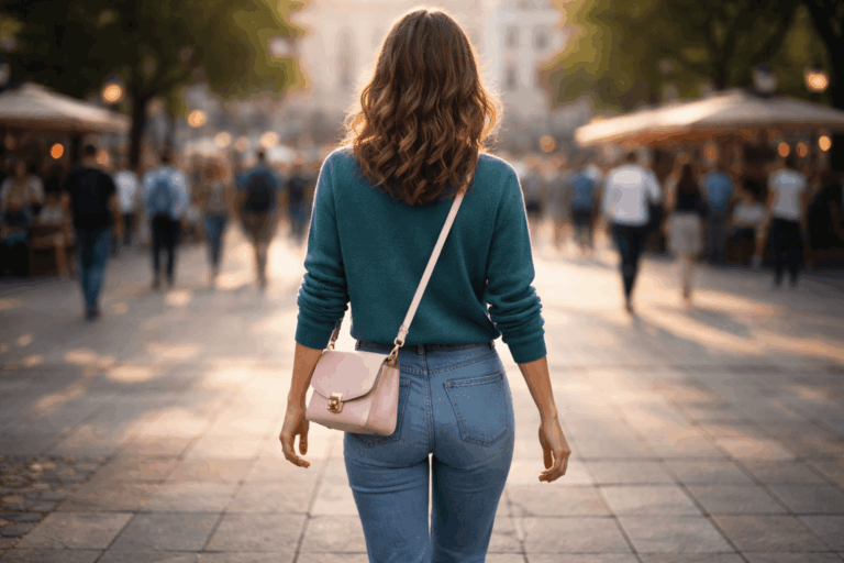 Woman walking into a busy crowd, representing enochlophobia hypnosis for fear of crowded spaces