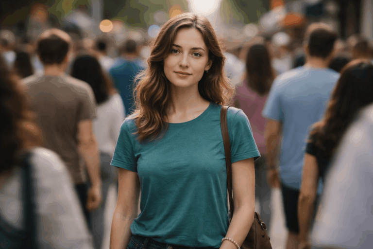 Woman standing calmly in a busy crowd, showing fear of crowds hypnosis support for social anxiety