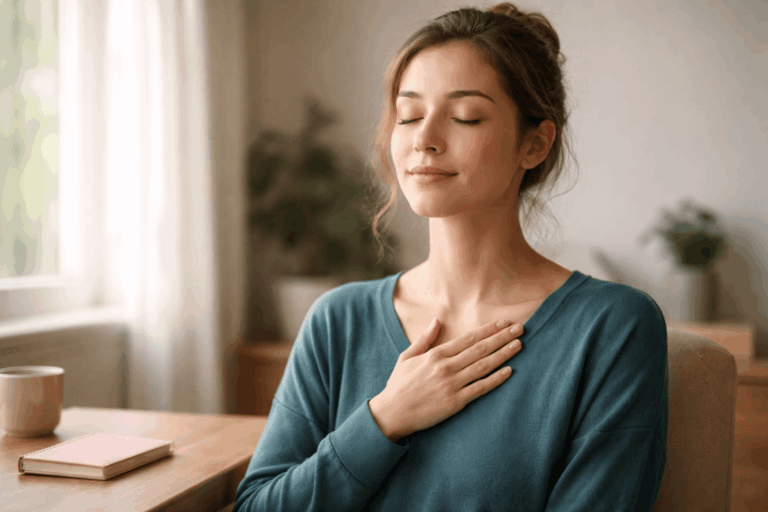 Woman with hand on chest practicing calm breathing, illustrating silent anxiety attack hypnosis support