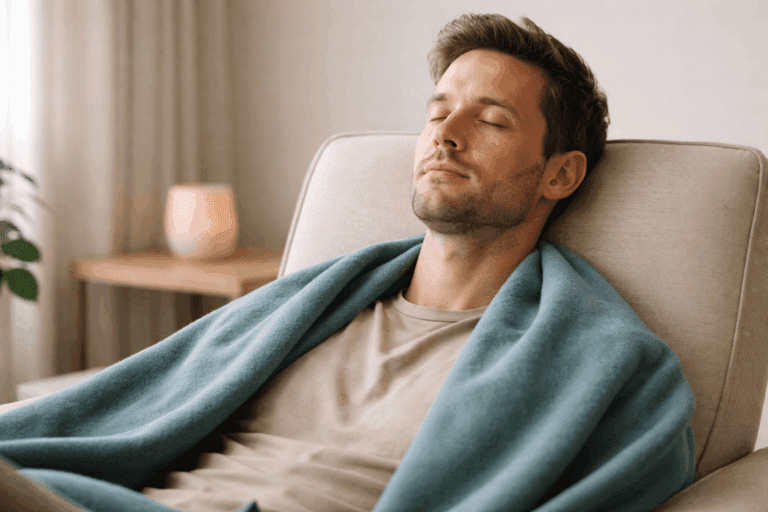 Man relaxing in chair during stress relief hypnotherapy session