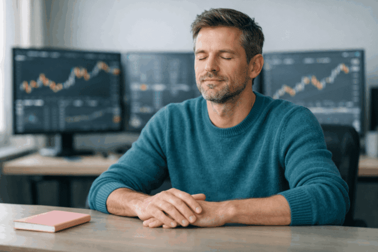Trader with eyes closed at desk, showing trading hypnosis for emotional reset between sessions