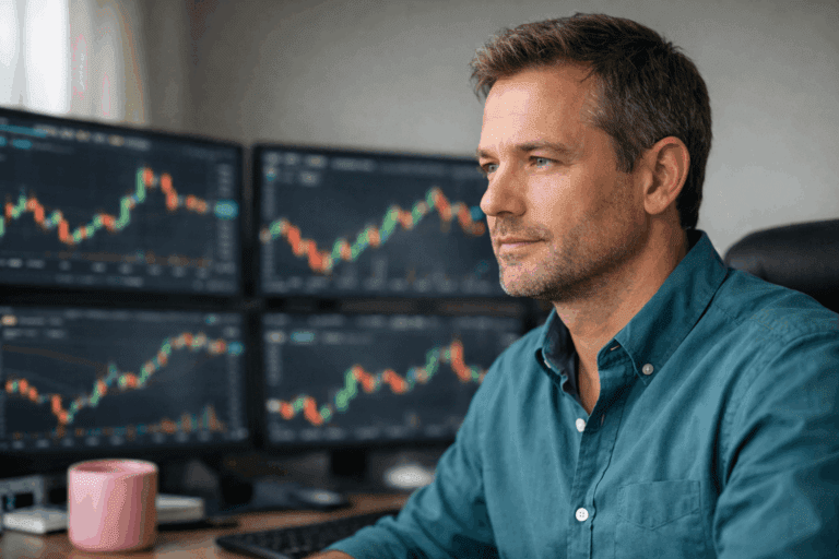 Trader focused on market screens, representing trading hypnosis for performance mindset