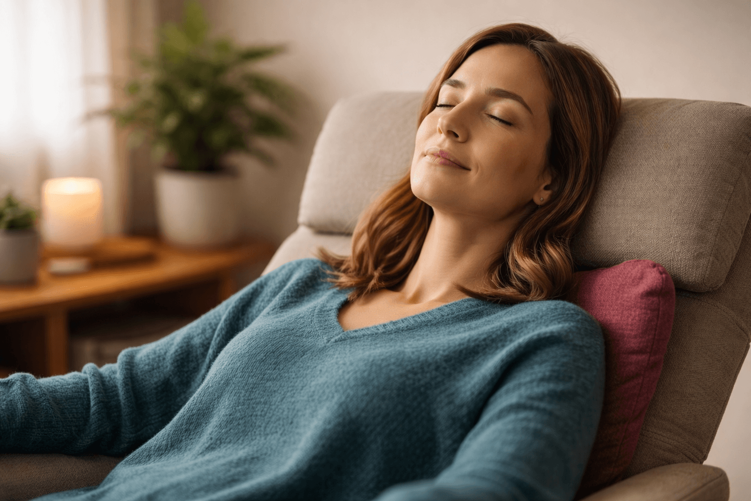 Woman relaxing deeply during hypnosis session for chronic pain management