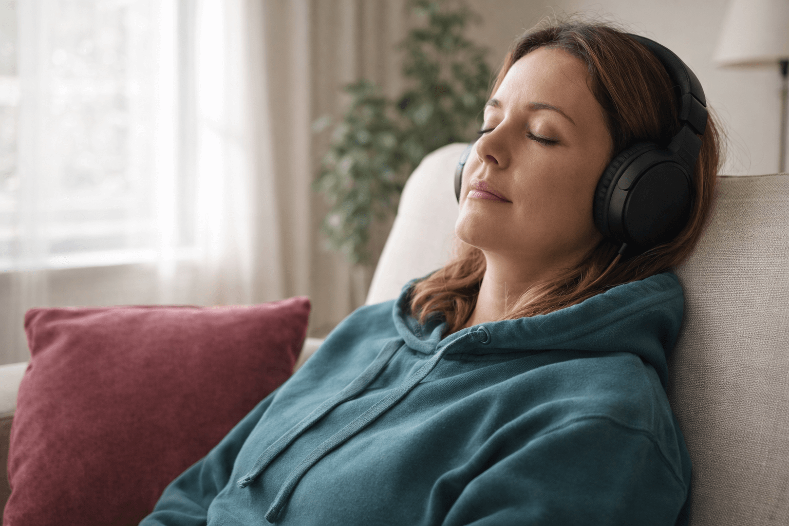 Woman listening to guided hypnosis audio for pain relief while relaxing on a couch