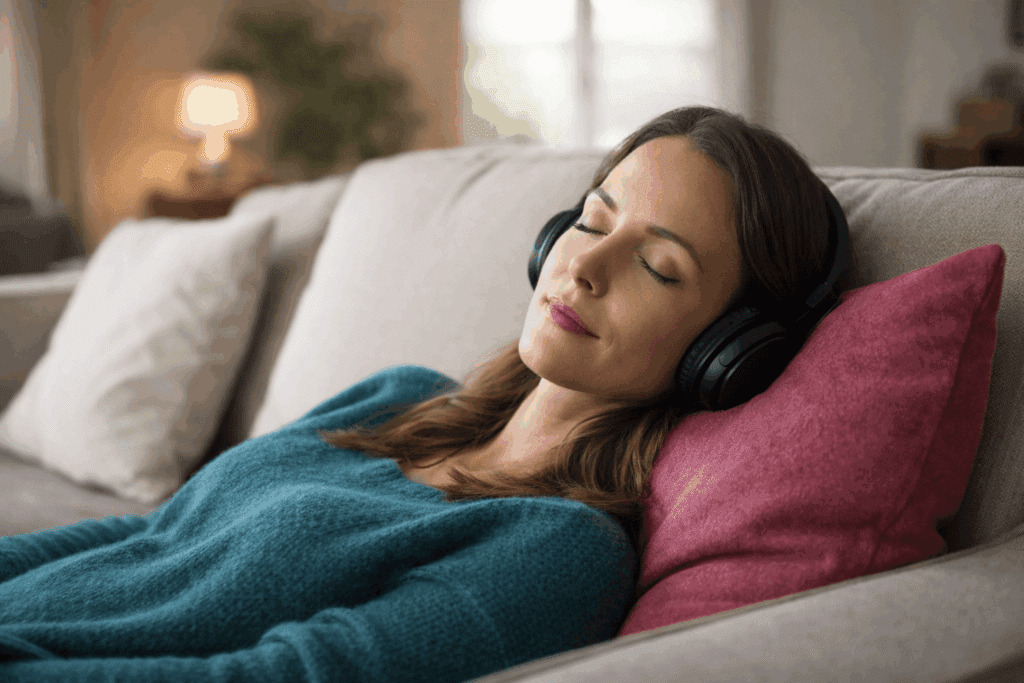 Woman listening to hypnosis audio while relaxing to support pain relief