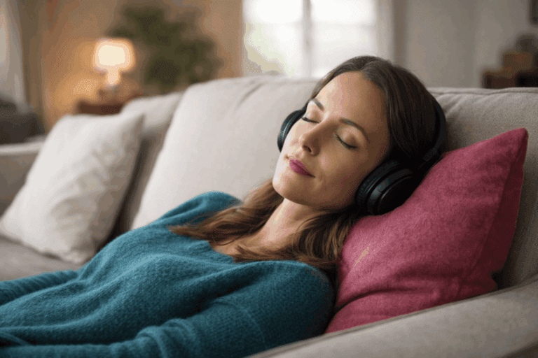 Woman listening to hypnosis audio while relaxing to support pain relief