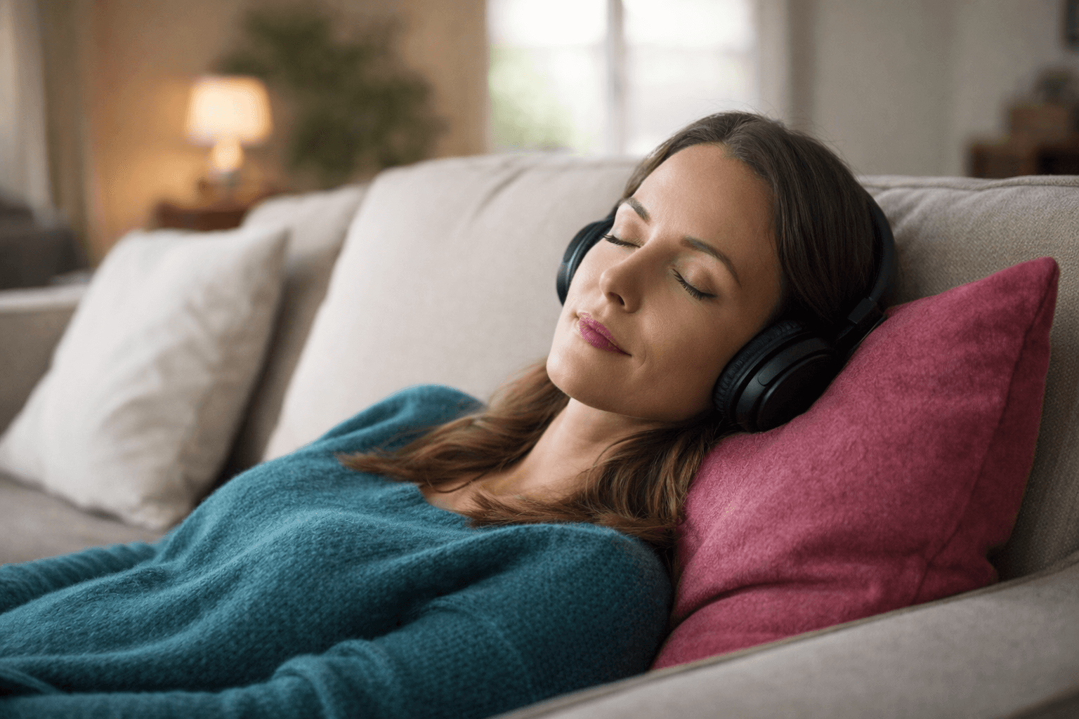 Woman listening to hypnosis audio while relaxing to support pain relief