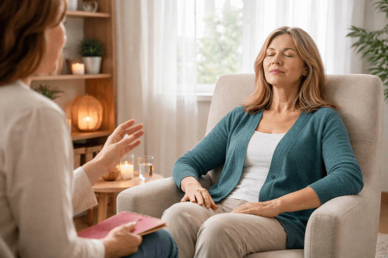 Client relaxing during guided hypnosis for pain relief in a therapy session