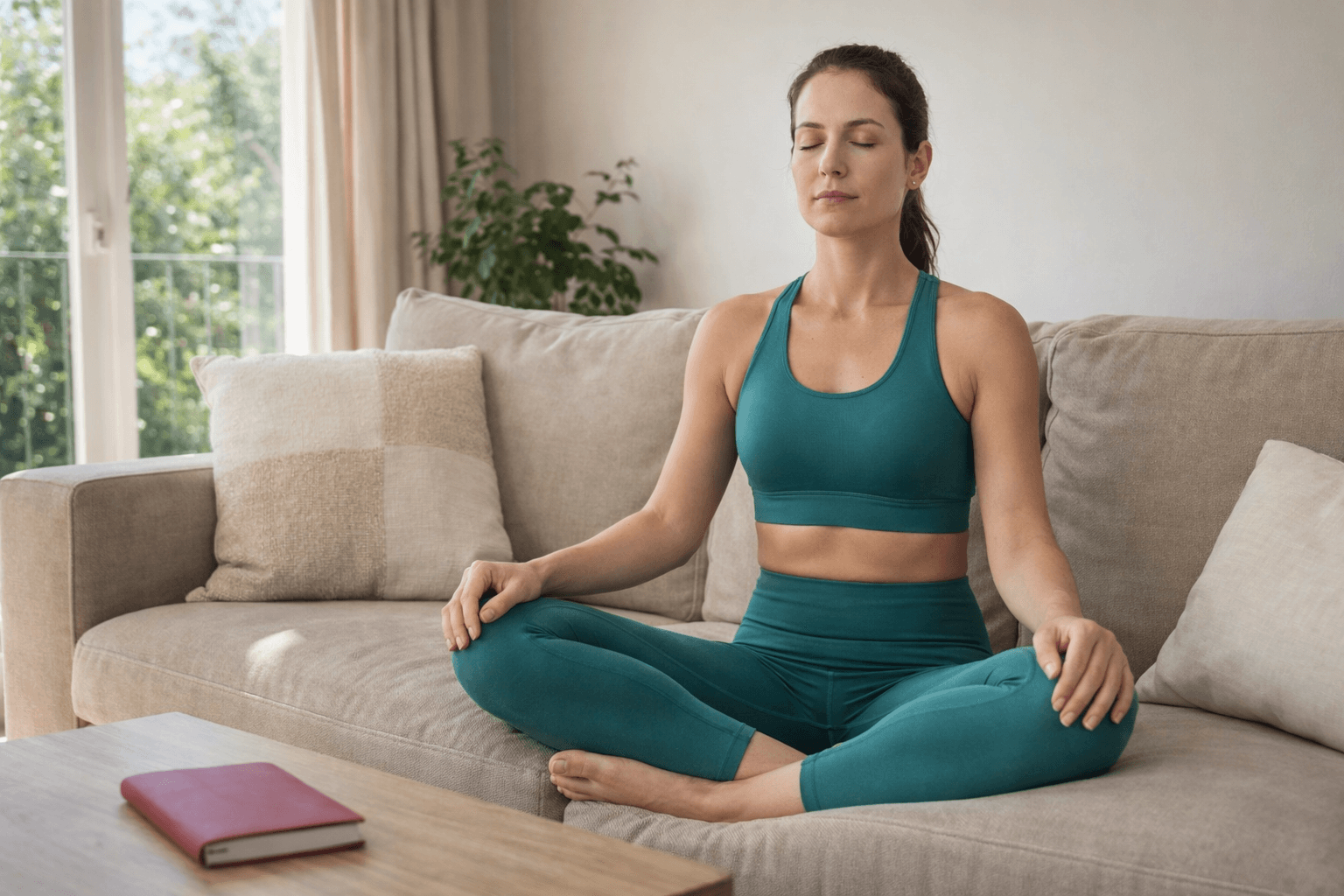 Woman meditating on couch representing mind body techniques for pain relief
