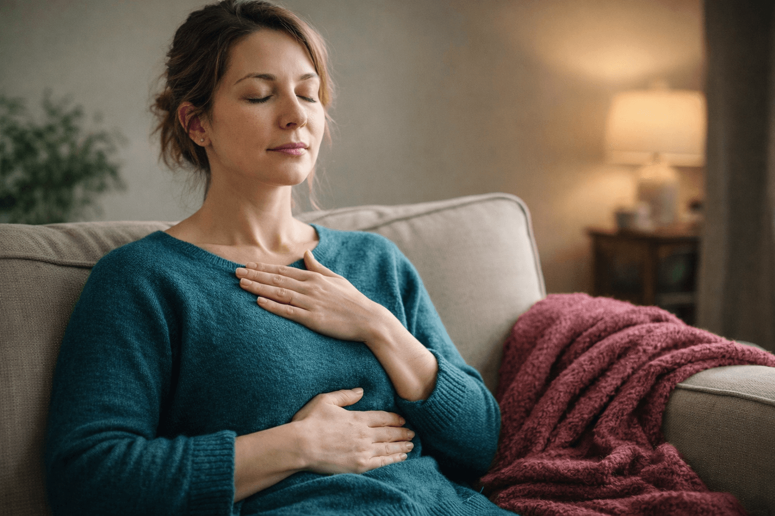 Woman practicing breathing and body awareness for hypnosis based pain relief