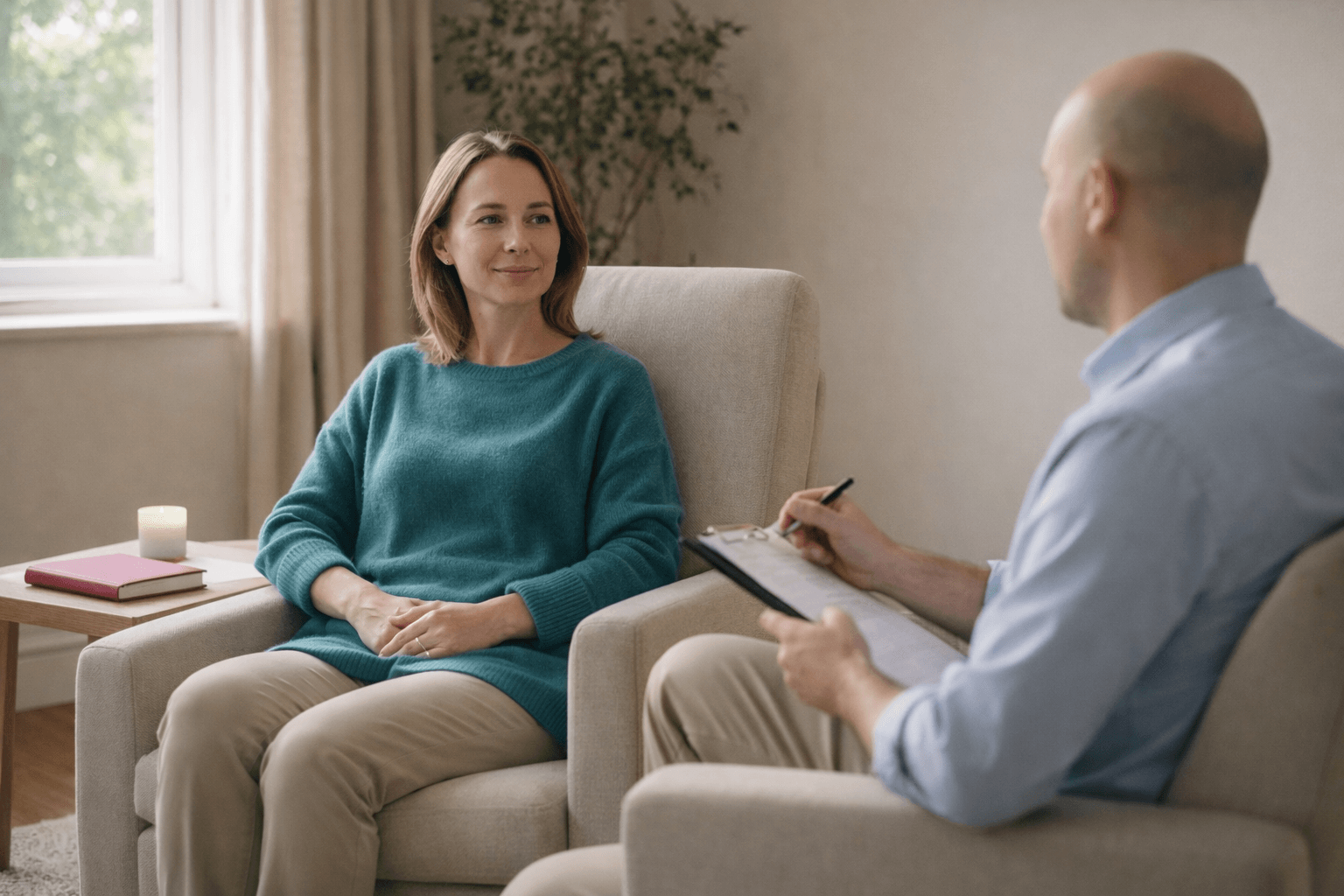 Hypnotherapist speaking with a client during a pain relief hypnosis consultation