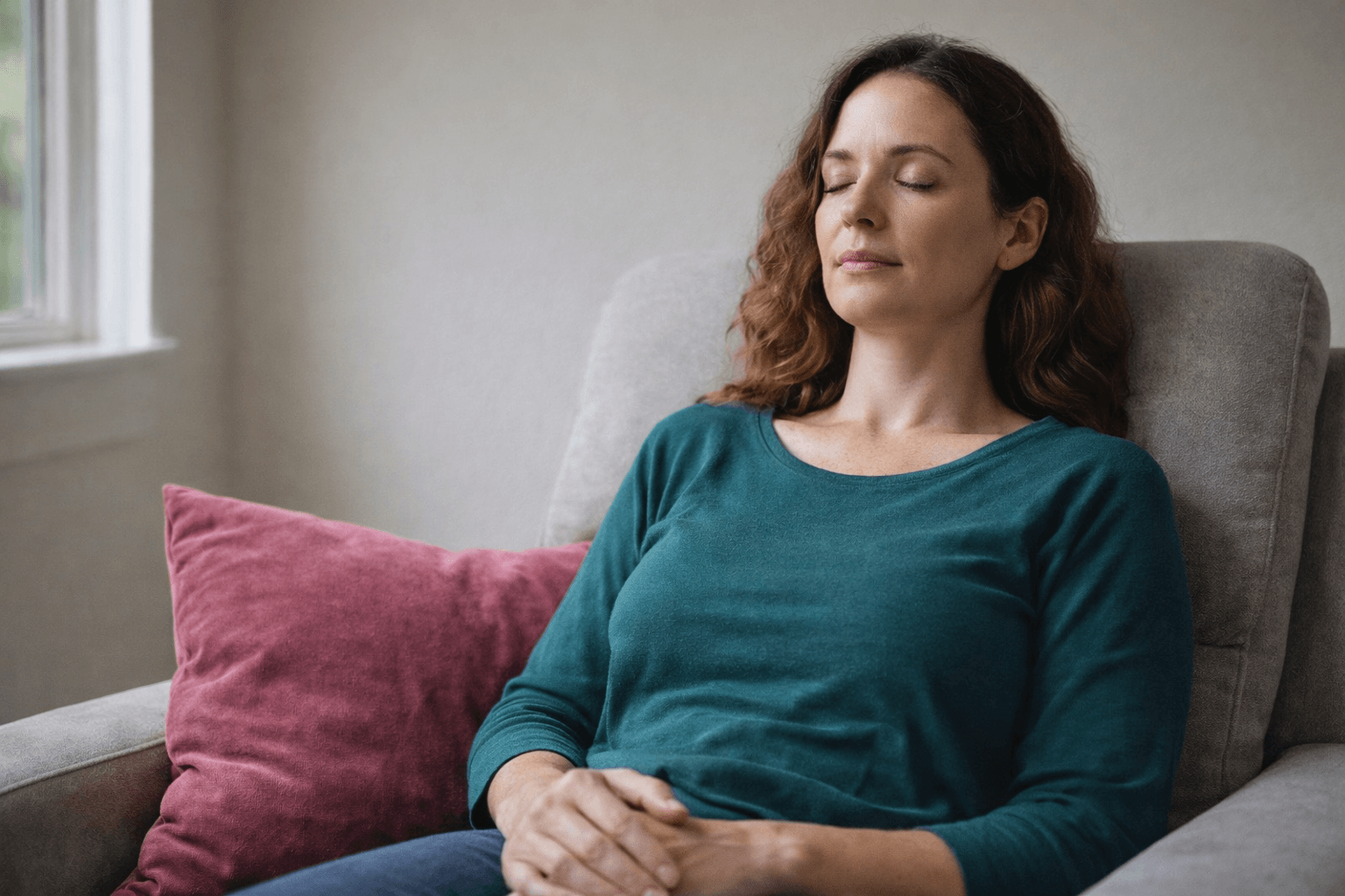 Woman practicing self hypnosis relaxation technique for pain relief while seated