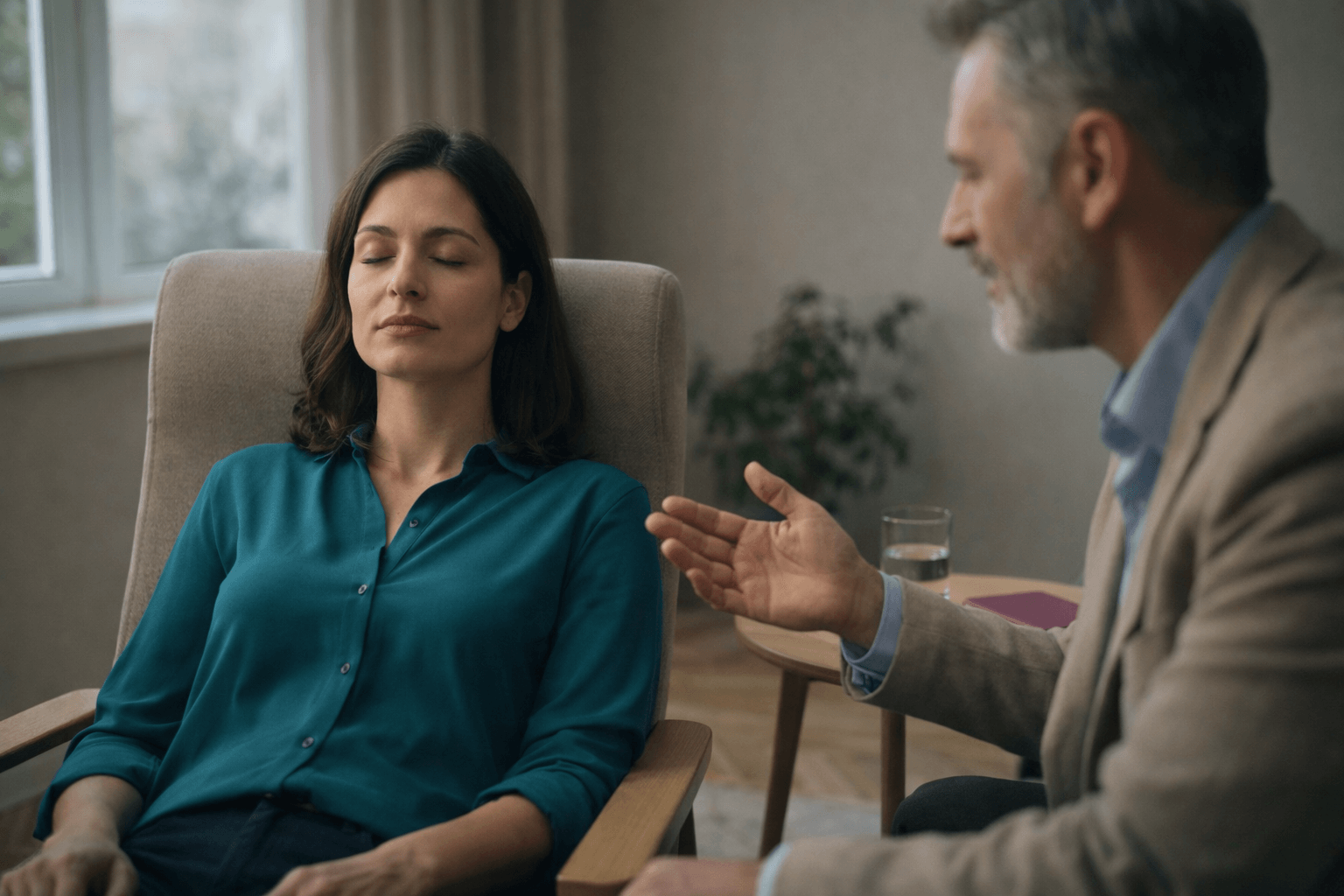 Hypnotherapist guiding client into relaxation during subconscious pain response hypnosis