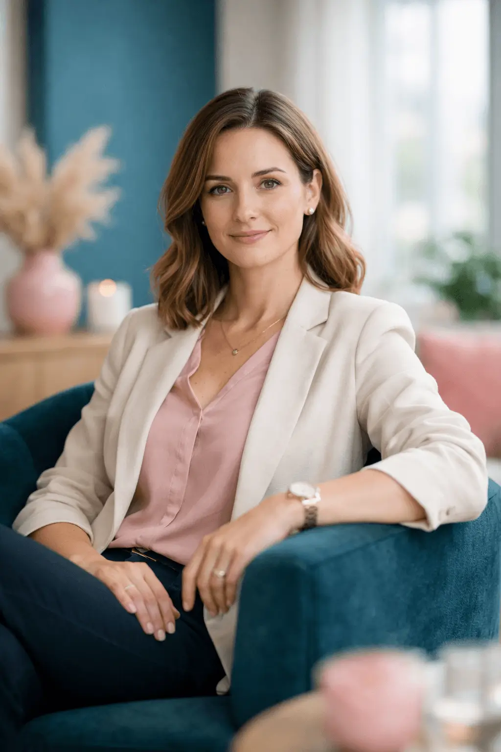 Calm professional woman sitting in a modern wellness office