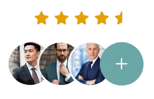 Five gold stars forming a five-star rating above a row of circular profile photos of professionals, followed by a teal circle with a white plus sign indicating add another member.