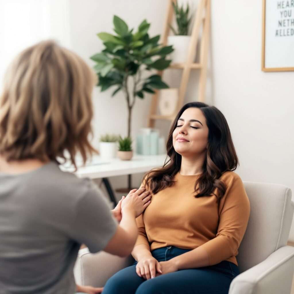 Client sits in a therapy chair with eyes closed as the therapist offers a comforting, supportive touch in a bright, cozy room.