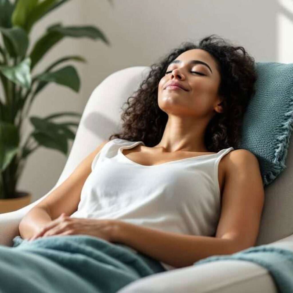 Woman with curly hair resting on a sofa, eyes closed and a peaceful expression, with a plant in the background and a teal blanket nearby.