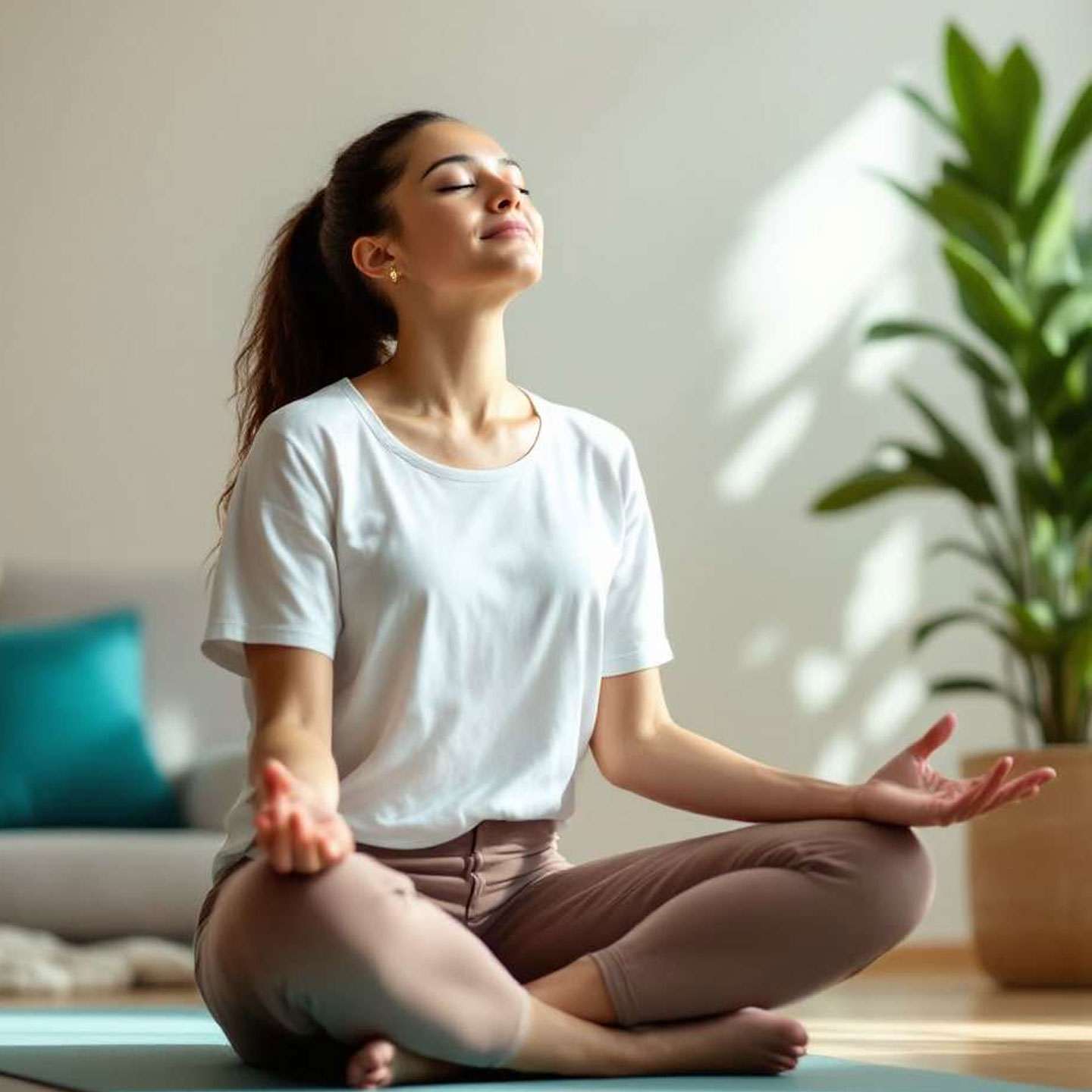 Woman meditating cross-legged on a yoga mat indoors, eyes closed, calm expression.