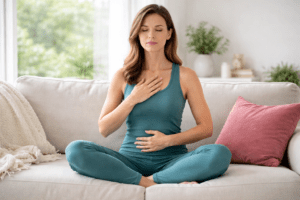 Woman meditating with hand on chest and stomach practicing deep breathing