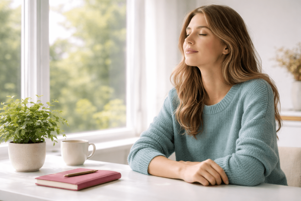 Woman sitting by window calmly reflecting with notebook nearby