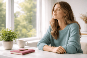 Woman sitting by window calmly reflecting with notebook nearby
