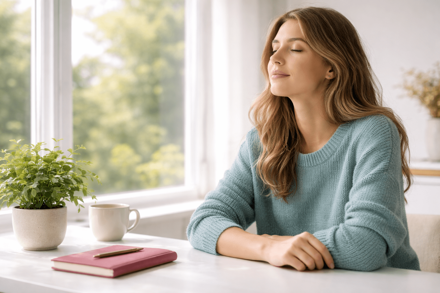 Woman sitting by window calmly reflecting with notebook nearby