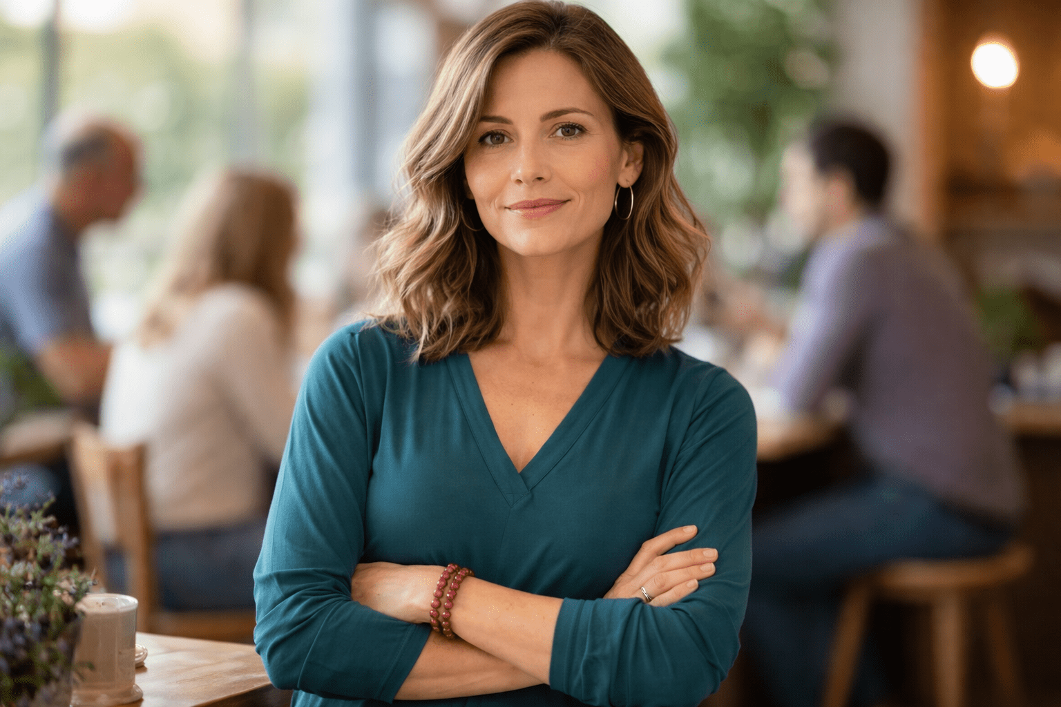 Confident woman standing with arms crossed in social environment