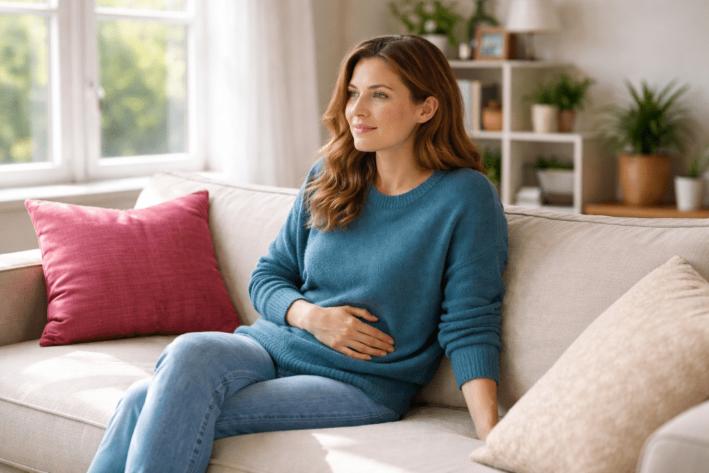 Woman sitting on couch holding her stomach, suggesting IBS discomfort and relief focus