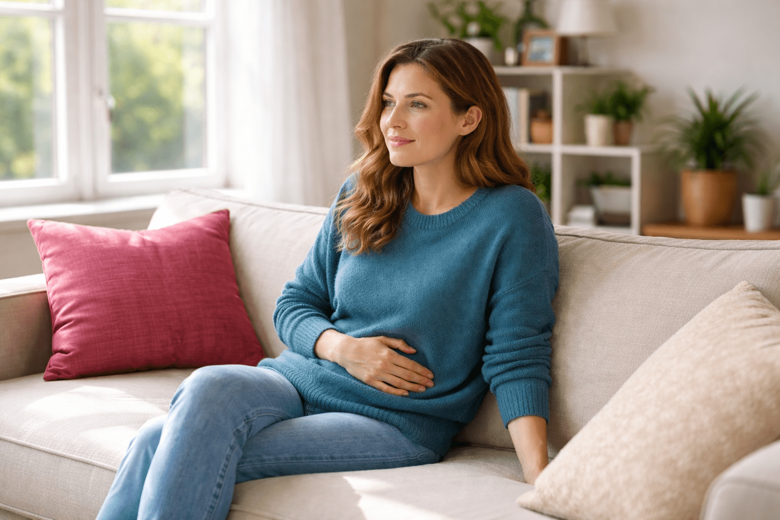 Woman sitting on couch holding her stomach, suggesting IBS discomfort and relief focus