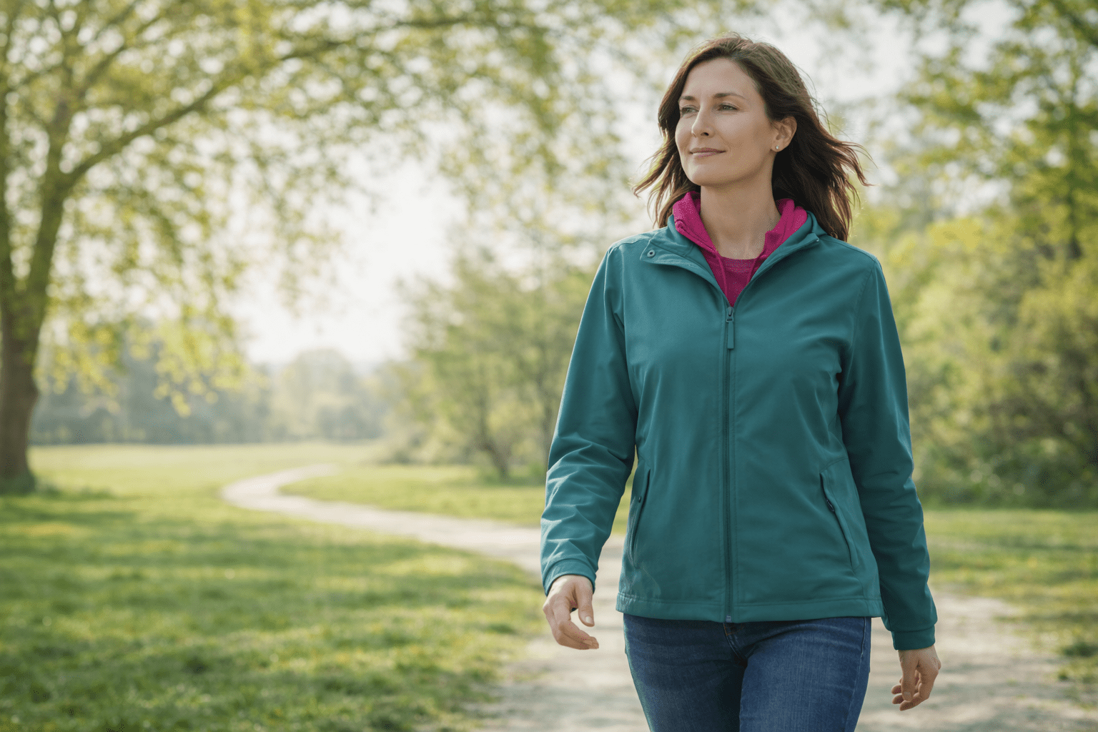 Woman walking outdoors confidently in nature, representing freedom from anxiety