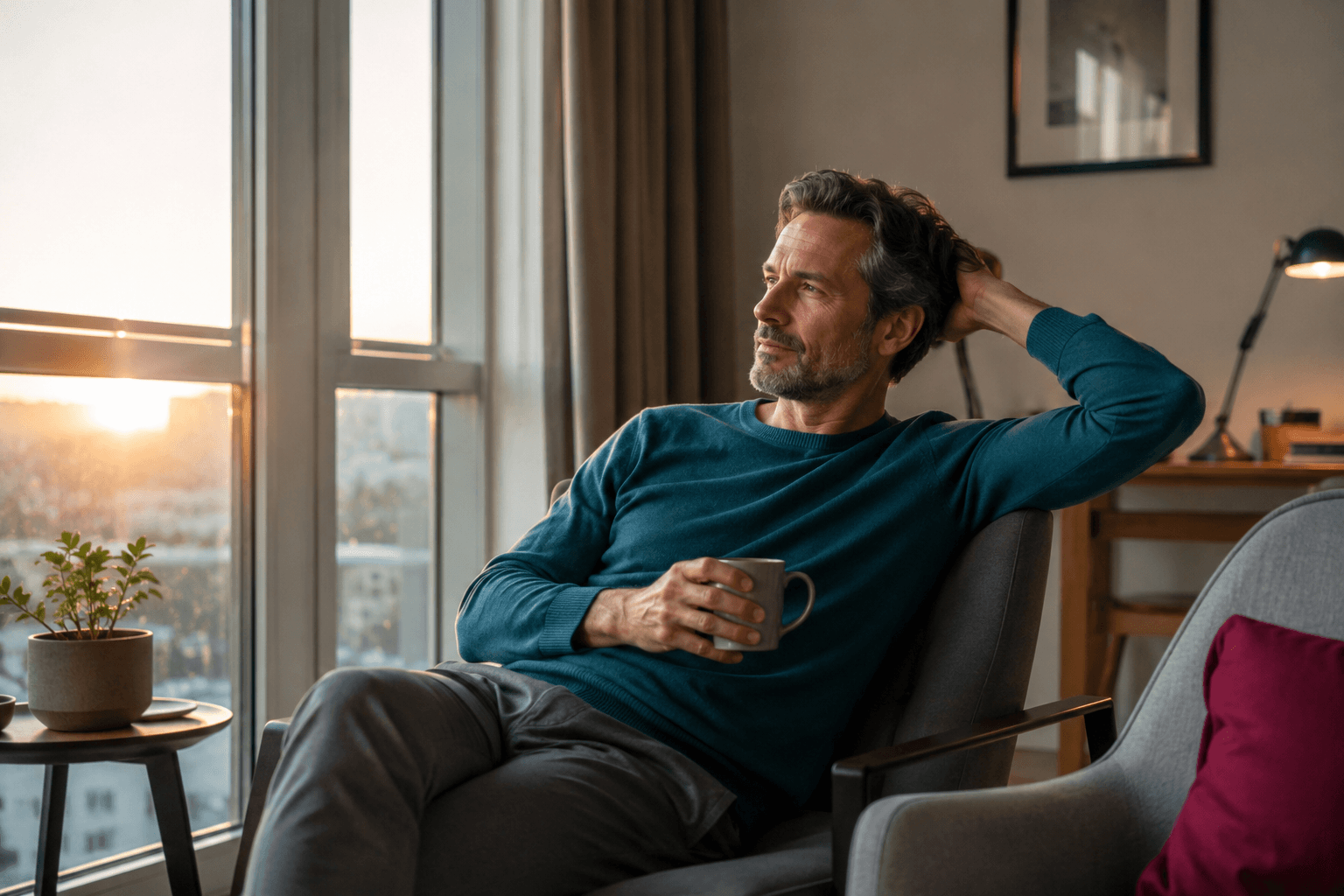 Stressed professional relaxing in a chair with a cup of coffee during burnout recovery