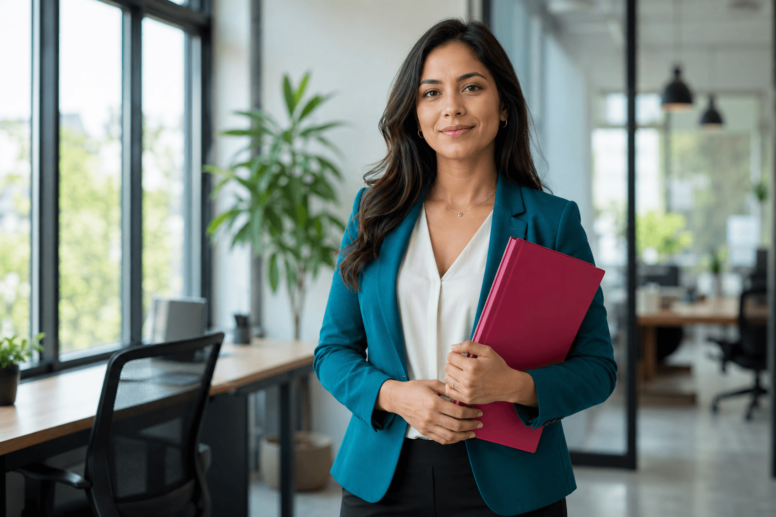 Confident businesswoman standing in an office holding documents with a calm expression