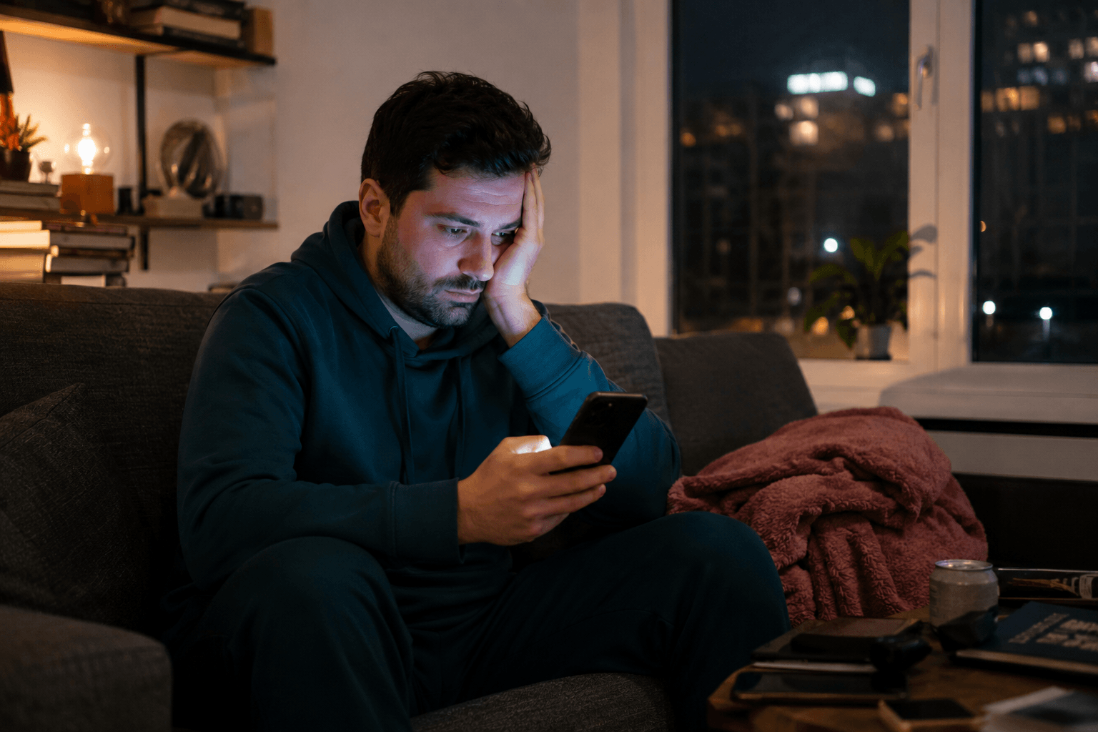 Man in a blue hoodie sits on a sofa at night, looking stressed as he scrolls on his smartphone.