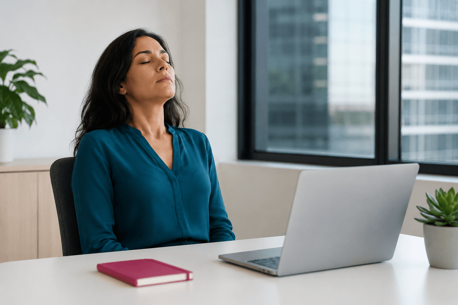 Professional woman practicing calming breathing techniques at her desk to manage mental overwhelm and stress