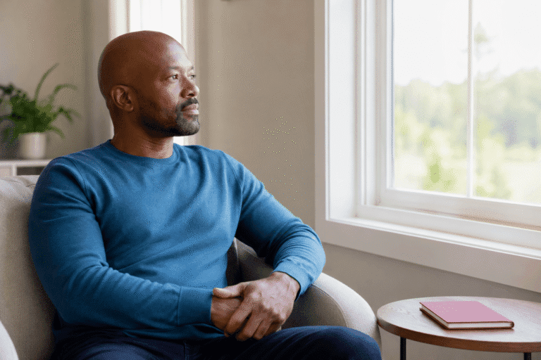 A man in a blue sweater sits on a couch by a window, looking outside with a thoughtful expression.